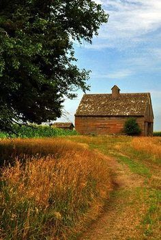 an old barn sits in the middle of a grassy field with a path leading to it