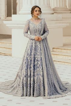 Pakistani Bridal Dress in Ice Blue Pishwas Frock Style Online Blue Pakistani Bridal Dress, Frock Style, Pakistani Fancy Dresses, Elegant Dresses Classy