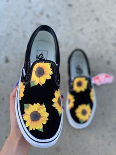 Vans For Girls, Sunflower Shoes, Custom Painted Vans, Vans Shoes Fashion, Vans Custom, Custom Vans Shoes, Cute Vans, Slip On Vans, Shoes Vans