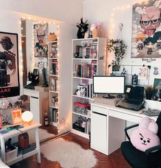 a room with a desk, chair and bookshelf filled with various items in it