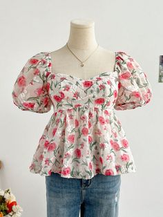 Vintage Floral Print Puff Sleeve Blouse For Women, Romantic Countryside Style, Afternoon Tea Outfit, Retro Princess, Vacation Summer Top Multicolor Boho  Cap Sleeve Woven Fabric Floral,Plants,All Over Print Peplum Non-Stretch  Women Clothing, size features are:Bust: ,Length: ,Sleeve Length: Puff Sleeve Peplum Top, Dress With Blouse On Top, Casual Peplum Top Outfits, Printed Top Designs For Women, Casual Summer Tops For Women, Elastic Tops For Women, Cute Peplum Tops, Types Of Materials For Clothes, Cute Summer Outfits Vacation