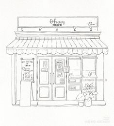 a black and white drawing of a store front with the words gracious written on it