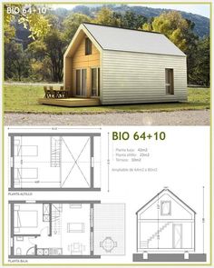 two story house plans with lofts and living quarters in the front, side and back views