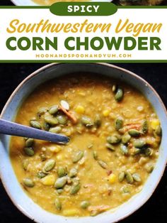 Nothing beats a warm dinner idea like Spicy Southwestern Vegan Corn Chowder with Quinoa, Potatoes + Red Lentils! This healthy, protein packed soup is gluten free, vegan, and loaded with quinoa, potatoes, red lentils, and veggies. Try it today for the best comfort food recipe! Vegan Corn Chowder, Cozy Winter Recipes, Winter Soup Recipe, Vegan Christmas Recipes, Winter Dinner Recipes, Winter Dinner, Winter Soups, Best Comfort Food, Corn Chowder