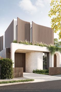 an artist's rendering of a modern house with wooden slats on the facade