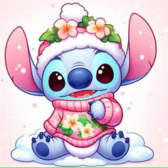 a cute little blue elephant wearing a pink sweater and flowered hat with flowers on it's head