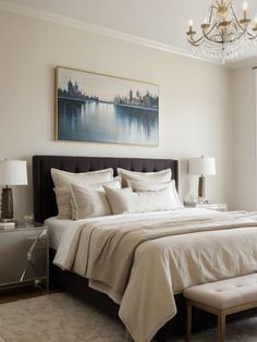 a bedroom with a large bed and chandelier