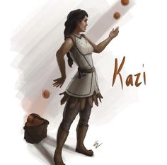 a drawing of a woman juggling oranges in her hand with the word kazi on it