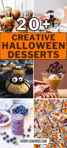 some halloween desserts are on display in this collage