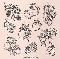 various fruits and berries drawn in black ink on white paper with the words jadenhee tattoo