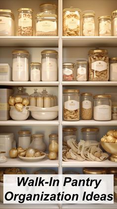 a pantry filled with lots of different types of food and jars full of gold decorations