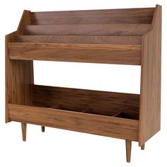 a wooden shelf with two open compartments