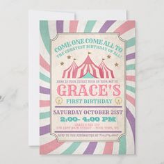 an old circus birthday party card with the name grace's first birthday on it