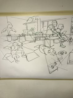 a drawing of people sitting at a table in a room with pictures on the wall