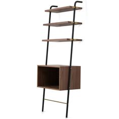 a wooden shelf with two metal bars on the top and one is holding bookshelves