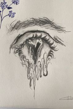 a drawing of an eye with tears coming out of it's irise and flowers