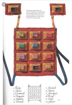 an advertisement for a handbag with many different colors and shapes on the front side