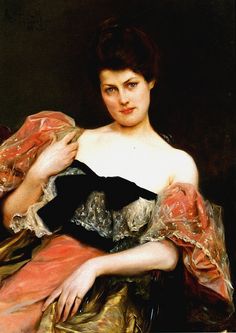 a painting of a woman sitting in a chair wearing a black dress and pink shawl