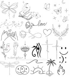 some drawings that have been drawn on the back of a sheet of paper with words and symbols