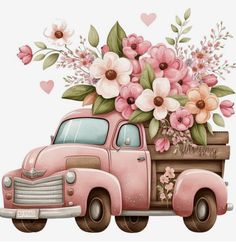 an old pink truck with flowers in the bed and hearts on it's side