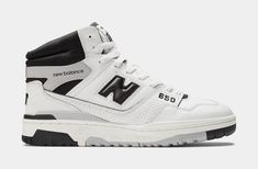 Dressed in a White and Black color scheme. This offering of the New Balance 650 comes constructed in soft leathers and mesh materials with perforated overlays and signature puff and stitch collar. It features a White base with Black and Grey detailing atop a rubber outsole. New Balance 650, High Strung, New Balance White, Shoe Palace, Outfits Hombre, Popular Shoes, Mens Lifestyle, New Balance Men, New Balance Sneakers