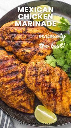 mexican chicken marinade served on a plate with cilantro and lime wedges