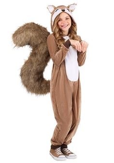 You might go a little nuts for this exclusive Scampering Squirrel Costume for Children! The unisex jumpsuit zips up the front and is made of soft brown polyester velour fabric. A white velour inset is sewn over the torso. Dark brown rib knit fabric circles the wrist and ankle openings. A giant, fiberfill-stuffed tail made of brown faux fur is securely attached to the back of the jumpsuit. Its hood is decorated with faux-fur-backed ears as well as embroidered and appliqued facial features. Squirrel Costume, Fun Costumes, Fox Costume, Onesie Costumes, Squirrel Girl, Animal Costumes, Cute Squirrel, Cute Costumes, Kids Items