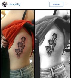 three different tattoos on the back of women's bodies, one with tulips