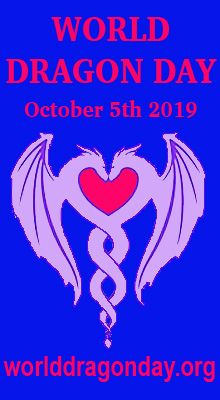 the world dragon day poster is shown in red and blue with an image of a winged heart