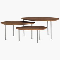 three wooden tables with metal legs on each side and an oval table in the middle