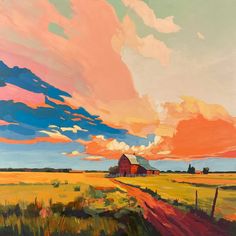 a painting of a red barn in the middle of an open field with a sunset behind it