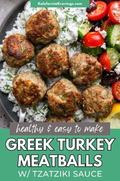 greek meatballs with rice and vegetables on a plate