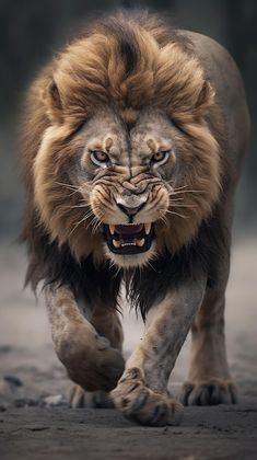 a close up of a lion walking on a dirt ground with it's mouth open