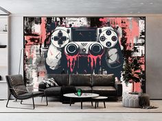 a living room filled with furniture and a large painting on the wall behind it that has a video game controller painted on it