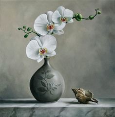 a painting of white flowers in a vase with a bird on the table next to it