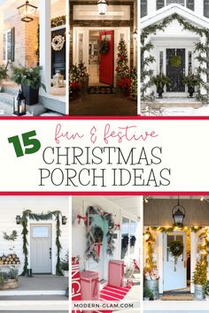 christmas porch decorations with text overlay that reads fun and festive christmas porch ideas