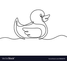 a single line drawing of a duckling swimming in the water on a white background