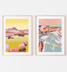 two framed art prints on the wall next to each other, one is pink and yellow