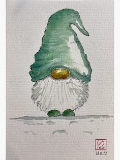 a watercolor painting of a green and white gnome's hat with gold eyes