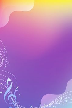 an abstract music background with musical notes and trebles in blue, pink, yellow and purple colors