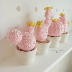 crocheted cactus planters are lined up on a shelf