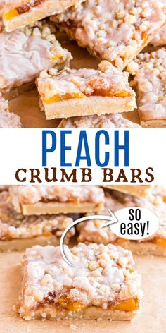 peach crumb bars with text overlay that reads peach crumb bars so easy