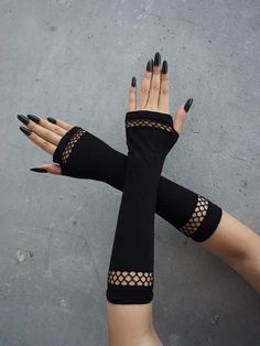 Black Street Collar  Fabric Plain Fingerless Gloves Embellished   Women Accessories Elbow Length Gloves, Costume Gloves, Formal Gloves, Style Noir