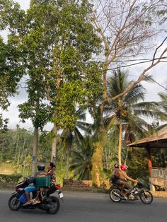 two people riding motorcycles down the street in front of some palm trees and a hut