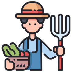 a man holding a basket with vegetables and a pitchfork