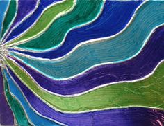 an abstract painting with blue, green and purple colors on it's surface is featured in this image