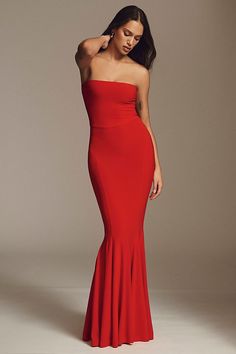 Norma Kamali Strapless Fishtail Maxi Dress Red Strapless Dress Long, Strapless Wedding Guest Dress, Strapless Dress Jewelry, Red Strapless Prom Dress, Fishtail Prom Dress, Guest Ideas, Strapless Formal Dress, Daisy Buchanan, Dinner Gown