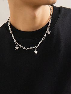 1pc Fashionable Punk Star Pendant Twist Chain Necklace For Men, Daily/Party Wear Silver Punk,Fashionable   Iron Alloy     Men Fashion Jewelry, size features are:Bust: ,Length: ,Sleeve Length: Streetwear Jewelry, Boys Necklace, Chain Necklace For Men, Rock Jewelry, Mens Jewelry Necklace, Star Pendant Necklace, Estilo Hip Hop, Chain Choker Necklace, Necklace For Men