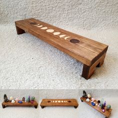 a bench made out of wood with different shapes and sizes