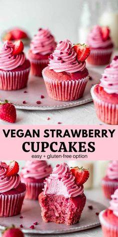 vegan strawberry cupcakes with pink frosting and strawberries on the side